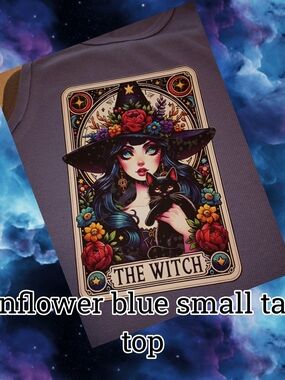Graphic 'The Witch' Floral Witch & Black Cat Tank Top in Blue